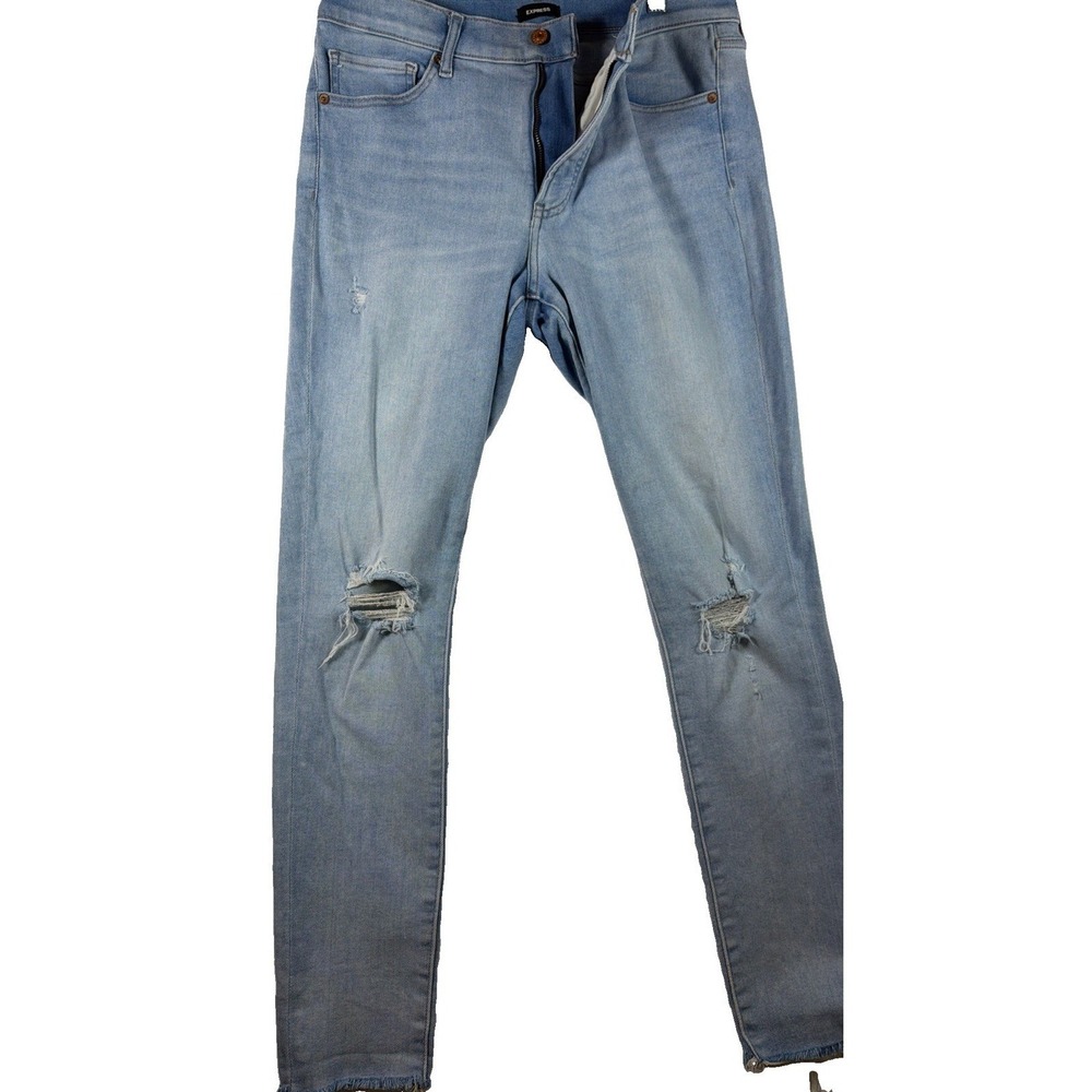 Express Womens Jeans 12L Skinny Mid Rise Distressed Light Wash Frayed Hem Blue